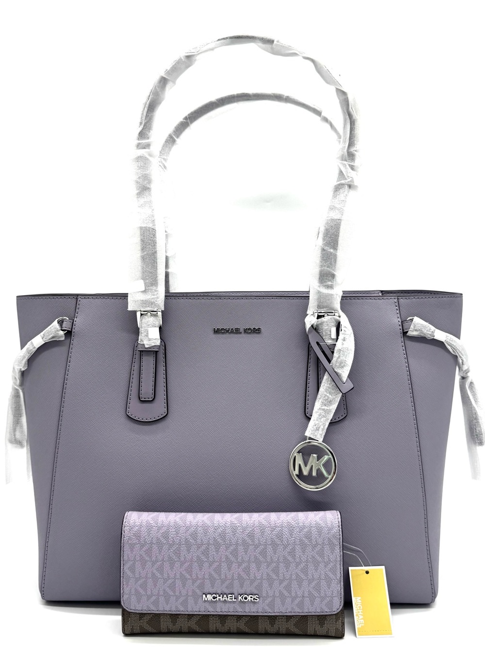 Michael Kors Voyager Large Leather Tote Bag w Matching Trifold Wallet - Lilac